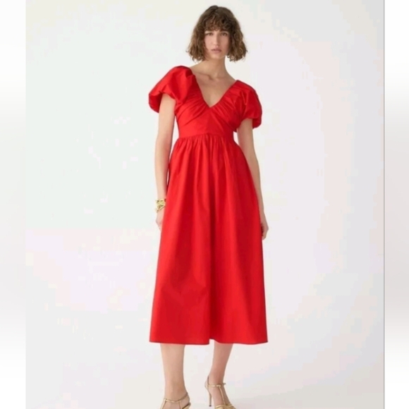 NWT J.CREW Cecily puff sleeve Dress Cotton in Red sz 24 - Picture 2 of 14
